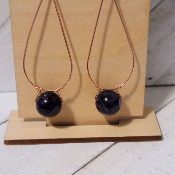 Handmade Teardrop Amethyst Dangle Earrings Copper Wire Wrapped Gemstone - Picture 3 of 8